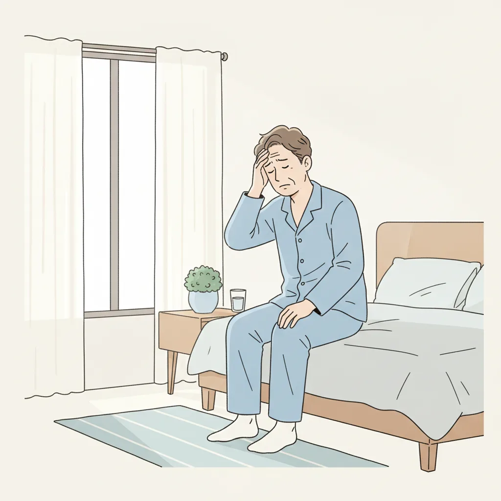 아침에 침대에서 일어날 때 기립성 어지럼을 경험하는 환자의 일상 장면<p style=