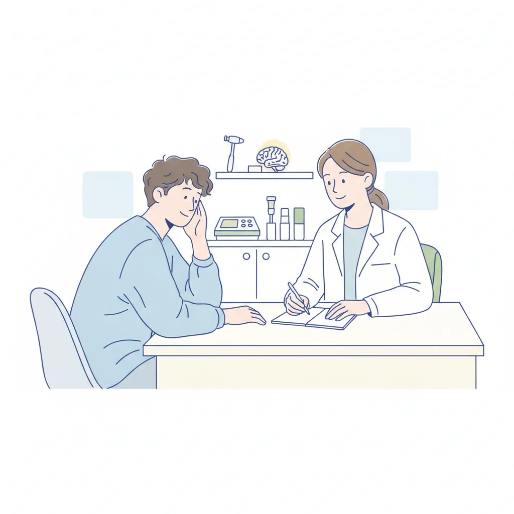 지끈거리는 두통과 어지럼증으로 신경과 진료를 받는 환자의 상담 장면<p style=